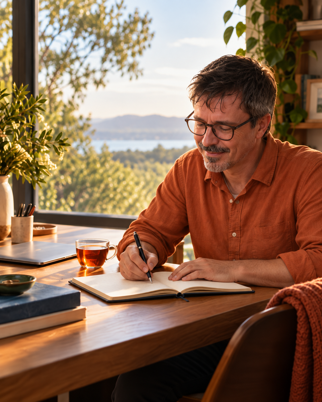 Luca Vettor writing in a notebook at a sunlit desk
